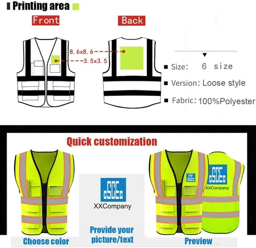Vista 3 de Personalizar su texto/logotipo/imagen chaleco de seguridad de alta visibilidad ropa de trabajo de protección con tiras reflectantes