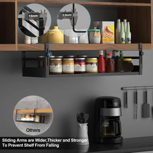 Vista 5 de AmonHouseware Paquete de 2 cestas organizadoras debajo del estante, almacenamiento ajustable debajo del gabinete, longitud del soporte colgante Negro