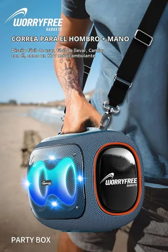Vista 4 de Altavoz Bluetooth portátil con 2 micrófonos, graves profundos, tiempo de reproducción de 10 horas, IPX6 impermeable, 120 W, gris