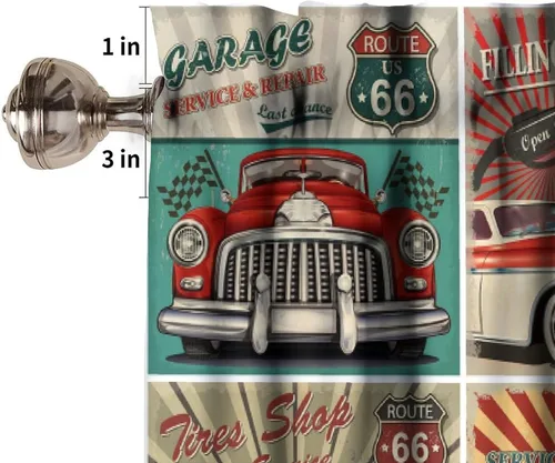 Vista 6 de Cortina de cenefas retro de los años 50, reparación de publicidad de automóvil, garaje, clásicos, bolsillo para barra, tratamientos de ventana corta