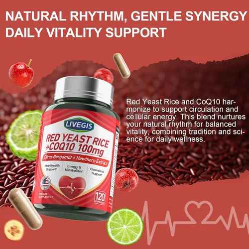Vista 3 de Arroz de levadura roja de 2000 mg con CoQ10 100 mg - Suplemento de salud cardíaca sin citrinina con bergamota cítrica y espino - Apoya niveles