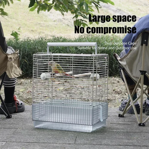 Vista 3 de Jaula para pájaros de viaje de acero inoxidable, 304 portátil, plegable, para loros, conures, cacatúas, periquitos, jaula grande de 17 pulgadas