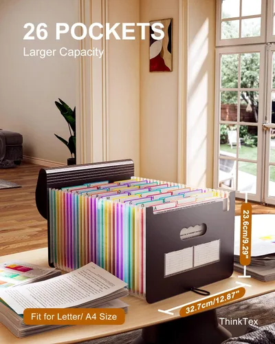 Vista 2 de ThinkTex Carpeta de archivos expansible con 26 bolsillos y 26 bolsillos expandibles, vertical y parte superior abierta