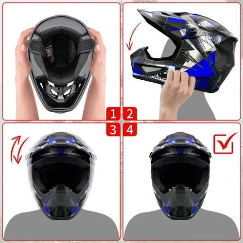 Vista 7 de Casco para jóvenes y niños de motocross, casco para adultos de ATV y bicicleta de tierra con gafas, guantes y máscara, casco de motocicleta de cara
