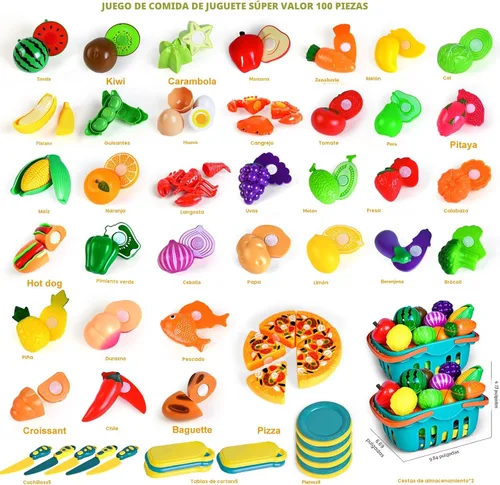 Vista 2 de 100 piezas de juego de comida de simulación para cocina de niños, juguete de comida falsa para niños pequeños de 1 a 3 años, accesorios de plástico