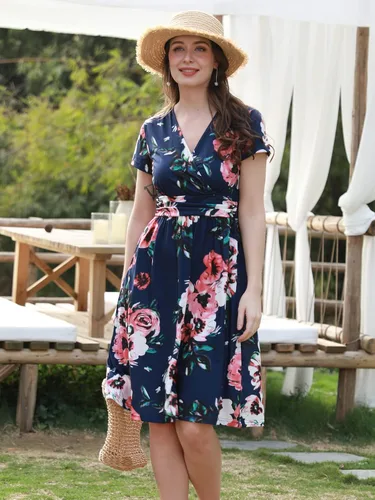 Vista 2 de OUGES - Vestido corto de verano para mujer manga corta cuello en V estampado floral con bolsillos para fiesta