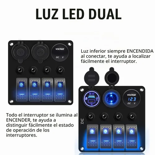 Vista 3 de FXC Panel de interruptor basculante azul de barco marino impermeable de 4 vías con enchufe USB QC3.0 y ranura tipo C + encendedor de cigarrillos +