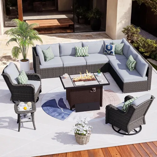 Vista 15 de HOOOWOOO Juego de sofá modular para patio al aire libre, 7 piezas en forma de U, juego de sofá de mimbre rústico para 6 personas, juego de Beige