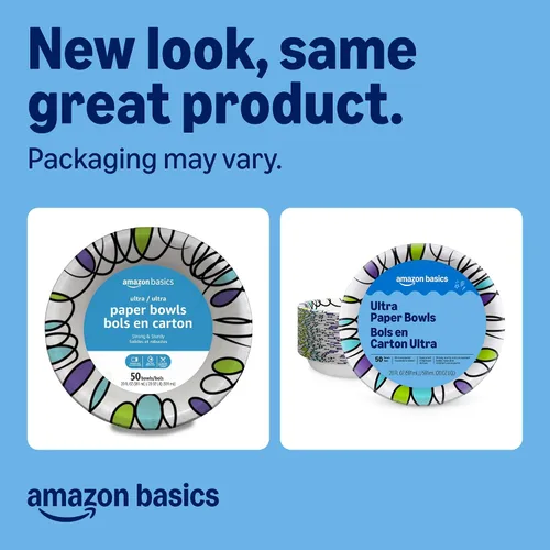 Vista 2 de Amazon Basics - Cuencos de papel ultra desechables, 20 onzas, aptos para microondas, a prueba de remojo, fuertes y resistentes, color blanco, 50