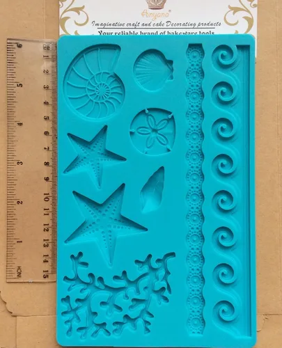 Vista 8 de Sea Shell Silicona Fondant Molds Beach Theme Cake Decorating Starfish, Coral, Conch, Sea Wave Designs, Food Grade Platinum Silicone, For