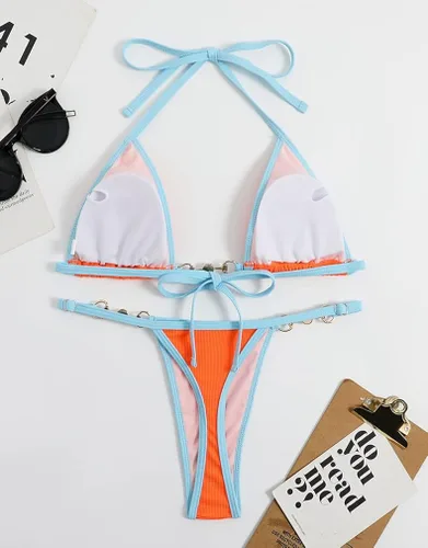 Vista 5 de ATENGNES Conjunto de bikini de 2 piezas para mujer, traje de baño de cadena con tanga triangular acanalada