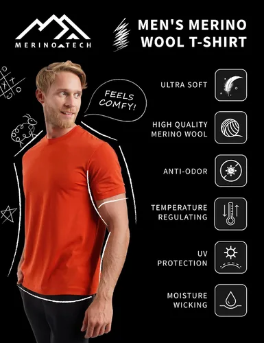 Vista 3 de Merino.tech Camiseta de lana merino para hombre, 100% lana merina orgánica, capa base ligera + calcetines de lana de senderismo