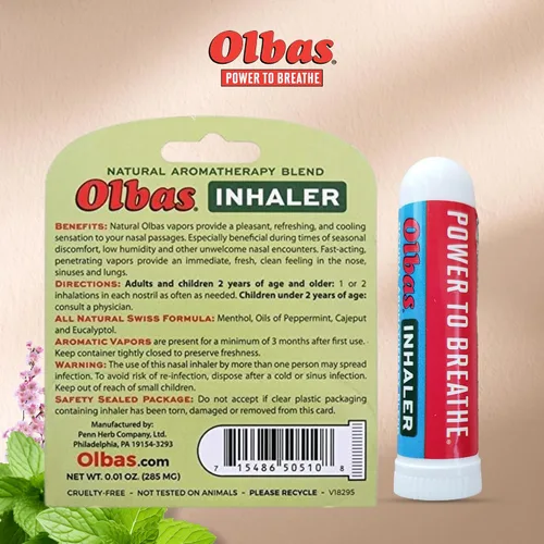 Vista 6 de Olbas Inhalador de aromaterapia, inhalador de aceite esencial con aceites naturales, 1 paquete de 285 mg, inhalador nasal de tamaño bolsillo