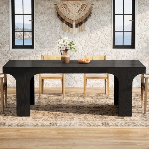 Vista 3 de Tribesigns Mesa de comedor de granja de 71 pulgadas con diseño arqueado para 6-8, color negro Mesa de cocina de madera moderna larga, muebles