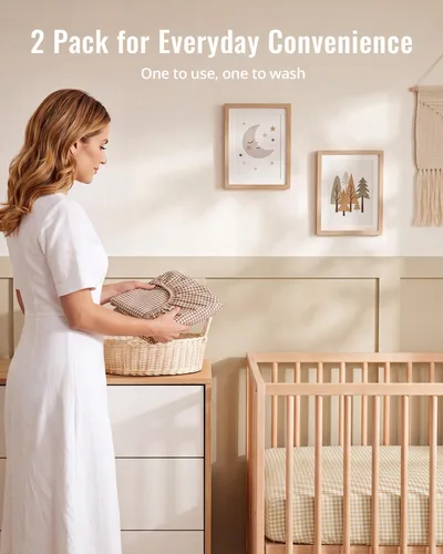Vista 4 de Blissful Diary Muslin Crib Sheets, 2 Pack, Beige Gingham & Brown Gingham fitted for 52''x28'' crib mattress, soft and breathable cotton, boho