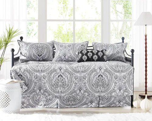 Vista 11 de Juego de funda para sofá cama de tamaño individual, 6 piezas, fundas a 1 - Hojas Botánicas Gris