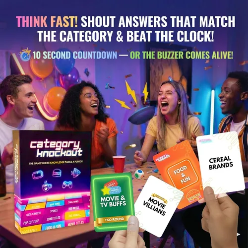 Vista 2 de Categoría Knockout: Juego de Trivia y Desafío de Palabras de Ritmo Rápido para Familias, Adultos y Niños — Buzzer + Dados, 100+ Cartas, Rondas
