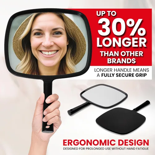 Vista 3 de Espejo de mano MIRRORVANA con mango ergonómico para maquillaje, 8 x 11 pulgadas (negro) Hand Held Mirror for Makeup, Home Haircuts, Dental &