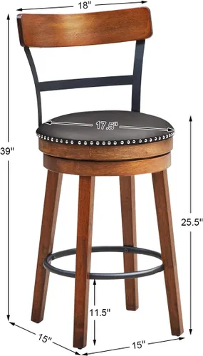 Vista 3 de COSTWAY Juego de 2 taburetes de bar, taburetes giratorios de 360 grados con asiento acolchado de cuero, respaldo de escalera de un solo listón