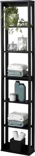 Vista 11 de Zenna Home Estante de almacenamiento montado en la pared, organizador de almacenamiento de madera que ahorra espacio con 4 estantes, unidad de Negro