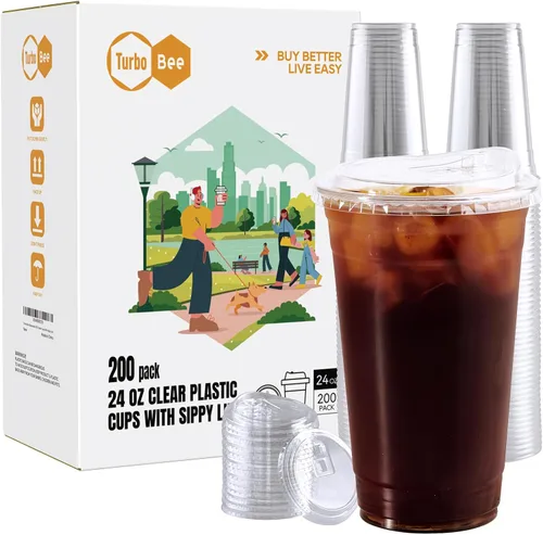 Vista 9 de Turbo Bee 12 OZ 200 Juegos Vasos de Plástico Transparente Cristalino con Tapas para Sorber sin Pajilla, Vasos de Plástico Desechables Transparentes