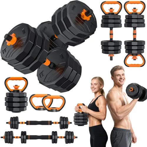 Vista 10 de 5-in-1 Adjustable Dumbbell Set, 33/44/66/88lbs Free Weights Set with Connector, Used as Kettlebells, Barbell, Push up Stand, Standard 1" Plates