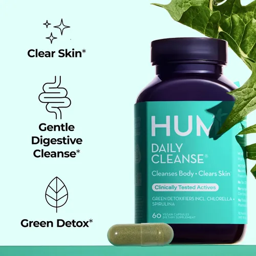 Vista 2 de HUM Daily Cleanse Suplementos para el acné para mujeres y hombres, limpieza digestiva suave para soporte de piel clara, zinc, espirulina, clorella