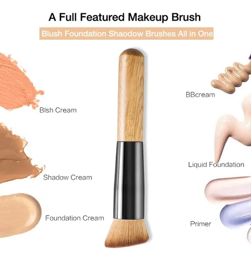 Vista 3 de Brocha de base Kabuki de base plana – Brocha de bambú premium para maquillaje facial para base de polvo rubor – Pulido, punteado, corrector