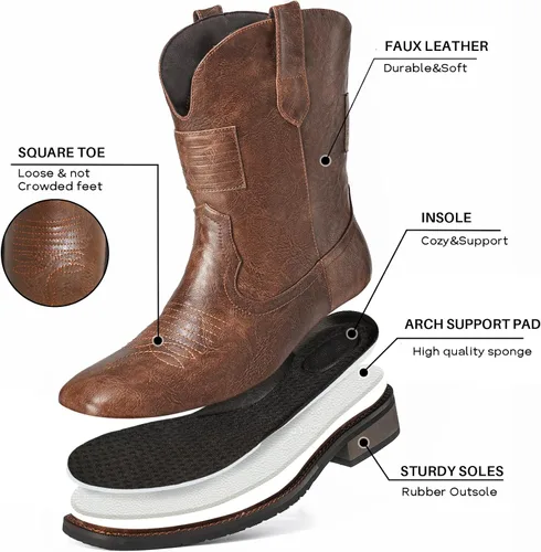 Vista 2 de Platikly Botas vaqueras para hombre Botas occidentales de punta cuadrada con bandera, botines de piel sintética, botas para hombre vaqueras