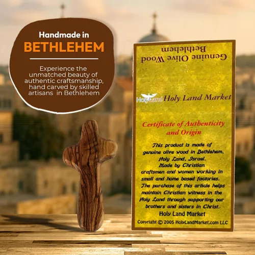 Vista 6 de Holy Land Market Cruz de comodidad/sujeción también conocida como cruz de palma o mano con bolsa de terciopelo y dos certificados (4 pulgadas) (1)