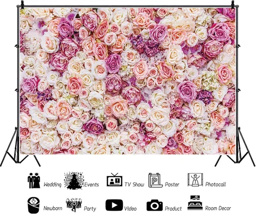 Vista 2 de Telón de fondo floral rosa de 5 x 3 pies, fondo de fotografía de flores rosas rosas para exteriores, telón de fondo para baby shower, boda, fiesta