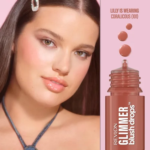Vista 2 de Revlon Gotas de Rubor Brillantes, Rubor Líquido para Mejillas, De Líquido a Polvo Aterciopelado, Brillante, Alto Pigmento, 101 Coralicious, 0.32 fl