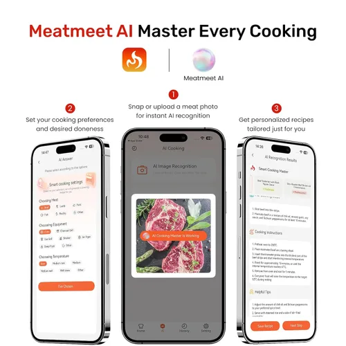 Vista 5 de Termómetro inalámbrico Meatmeet X Pro para carne con Wi-Fi dual y Bluetooth, termómetro digital para carne con 2 sondas y base de pantalla LED, 6