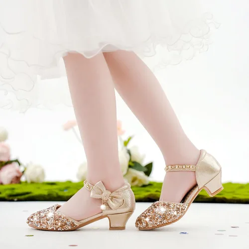 Vista 2 de Sandalias para niñas, tacones cerrados, para boda, fiesta, princesa, lazo con lentejuelas para niños pequeños y grandes
