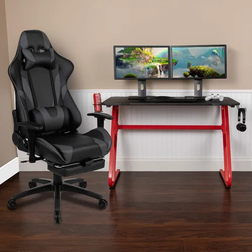 Vista 66 de Flash Furniture Juego de escritorio para juegos negro y silla de carreras blanco/negro con soporte para tazas, gancho para auriculares y soporte
