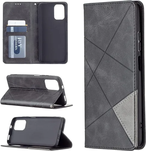 Vista 2 de Funda con tapa para Xiaomi Redmi Note 10 4G/Note 10S, patrón de rombos de cuero de primera calidad, función atril, cierre magnético, color negro