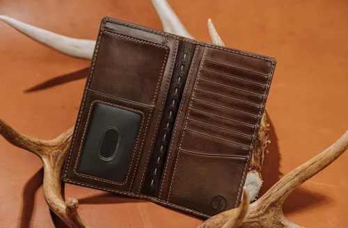 Vista 6 de HoJ Co. - Cartera larga plegable para hombre Cartera de Rodeo Cuero de grano completo Regalo de cazador de ciervos Adorno de ciervo de latón