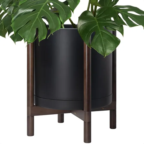 Vista 63 de Maceta de D'vine Dev con soporte - Maceta de flores de cilindro de plástico de 8.0 pulgadas con soporte de madera para interiores, maceta mate negra