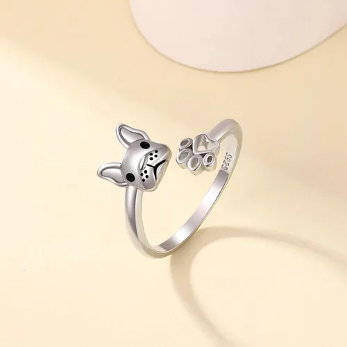 Vista 3 de Senpotly Anillo de plata de ley 925 con diseño de perro francés para mujer, ajustable, con diseño de pata de cachorro, para adolescentes y niñas