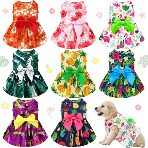 Vista 10 de LEIFIDE 8 piezas de vestidos de verano para perros hawaianos, diseño floral de flamenco, frutas, faldas para mascotas, vestidos de princesa hawaiana