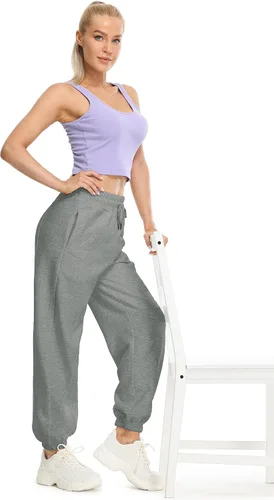 Vista 3 de icyzone Pantalones deportivos holgados de cintura alta con forro polar para mujer, pantalones gruesos y cómodos con bolsillos