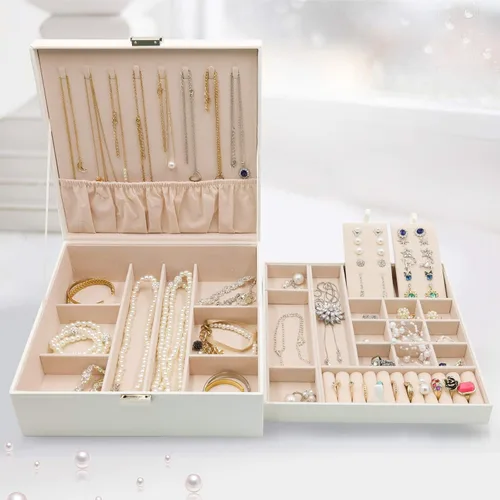Vista 6 de ProCase - Joyero grande de cuero con dos niveles para organizar aretes pulseras anillos relojes para mujeres niñas regalo ideal para novia o esposa