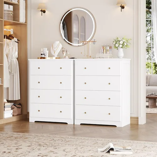 Vista 4 de HOUSUIT Cómoda blanca, cómoda de 4 cajones, cómoda alta moderna, armario de almacenamiento de madera para sala de estar, pasillo, entrada, oficina