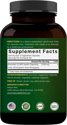 Vista 7 de NatureBell Bromelina, 1,000 mg por porción, 240 cápsulas vegetales 2,400 GDU - Enzimas digestivas y suplemento de apoyo articular - Enzimas