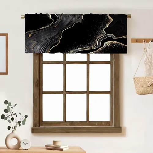 Vista 23 de Cortina de cenefa de mármol verde con venas doradas de mármol negro, diseño abstracto de lujo, elegante cenefa con bolsillo para barra, 1 panel