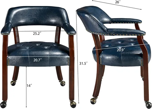 Vista 2 de Sillas de comedor con ruedas y brazo, sillas de capitán Caster Boss con patas de madera maciza, sillas de escritorio de oficina con botón tapizado