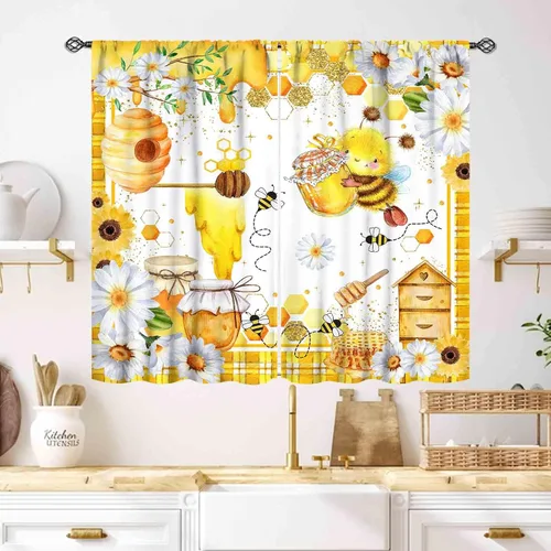 Vista 22 de Cortinas infantiles de abejas, cortinas de campo de primavera de acuarela de girasoles florales de nido de abeja, adorables abejas, cortinas