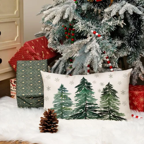 Vista 3 de Funda de almohada navideña de AACORS 12x20 pulgadas Árboles de Navidad Copo de nieve Decoraciones Funda de almohada de invierno para sofá de casa