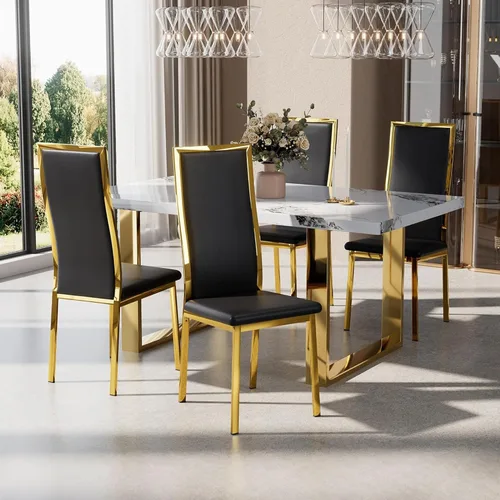 Vista 23 de Juego de 2 sillas de comedor modernas, piel sintética negra con patas de metal dorado cromado, diseño de respaldo alto curvo y acolchado tipo nube