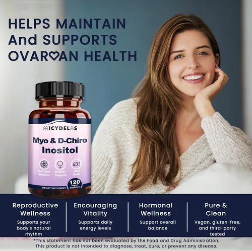 Vista 3 de Suplemento de mio-inositol y D-chiro inositol para mujeres, equilibrio hormonal y apoyo a la salud femenina, proporción ideal de 40:1 por porción